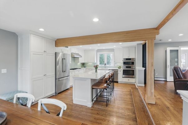 Interior, Kitchen, Recessed Lighting, Stainless Steel Appliances, Wooden Beams, Wood Texture Flooring