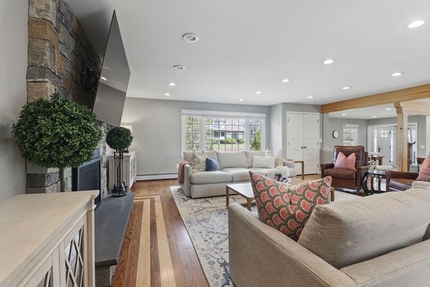 Interior, Living room, Recessed Lighting, Stone Walls, Wooden Beams, Wood Texture Flooring