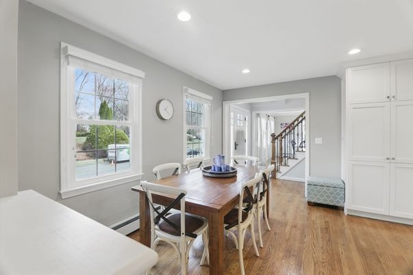 Dining room, Interior, Recessed Lighting, Wood Texture Flooring