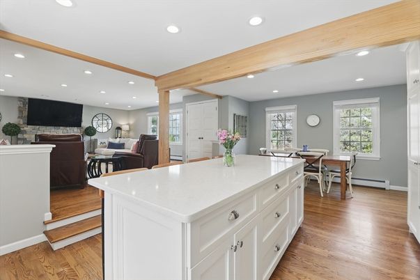 Dining room, Interior, Kitchen, Living room, Recessed Lighting, Wooden Beams, Wood Texture Flooring