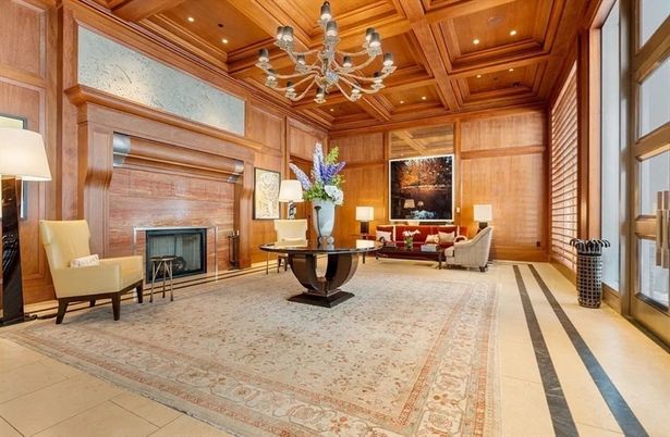 Chandelier, Fireplace, Interior, Living room, Recessed Lighting, Wooden Beams, Wooden Ceilings, Wooden Walls