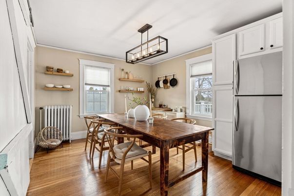 Dining room, Interior, Pendant Lights, Wood Texture Flooring