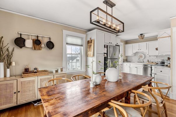 Dining room, Interior, Kitchen, Pendant Lights, Stainless Steel Appliances, Wood Texture Flooring