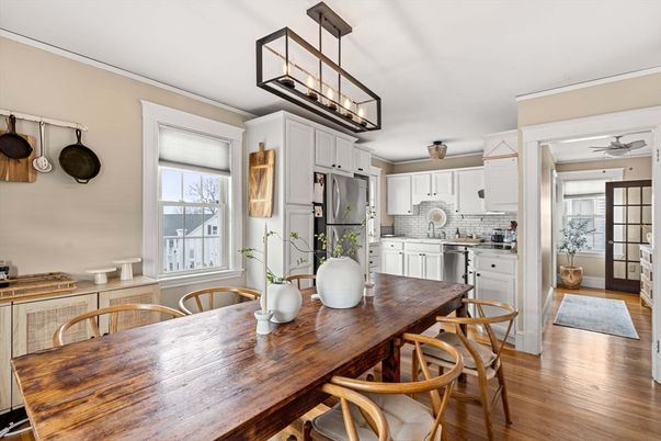 Dining room, Interior, Kitchen, Pendant Lights, Stainless Steel Appliances, Wood Texture Flooring