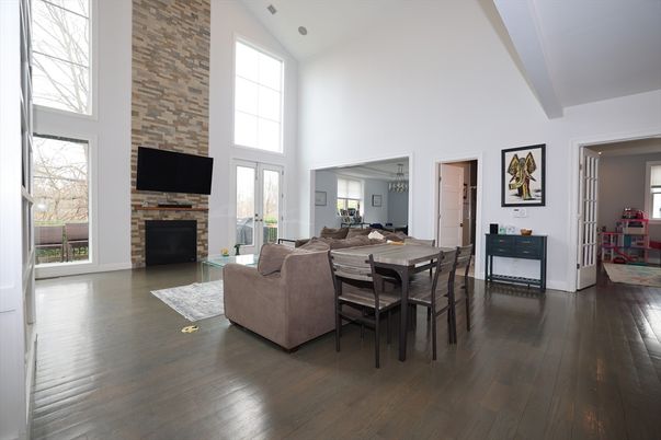 Dining room, Fireplace, Interior, Living room, Stone Walls, Wood Texture Flooring