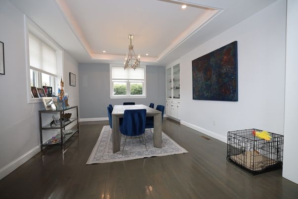 Chandelier, Dining room, Interior, Recessed Lighting, Wood Texture Flooring