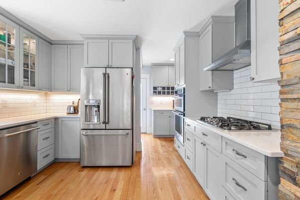Interior, Kitchen, Recessed Lighting, Stainless Steel Appliances, Wood Texture Flooring