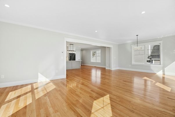 Empty room, Interior, Pendant Lights, Recessed Lighting, Wood Texture Flooring