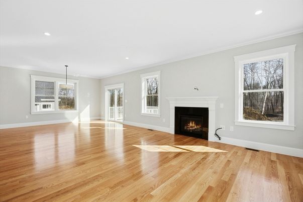Empty room, Fireplace, Interior, Pendant Lights, Recessed Lighting, Wood Texture Flooring