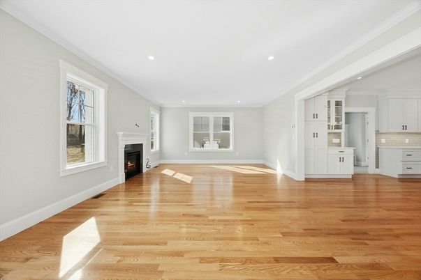 Empty room, Fireplace, Interior, Recessed Lighting, Wood Texture Flooring