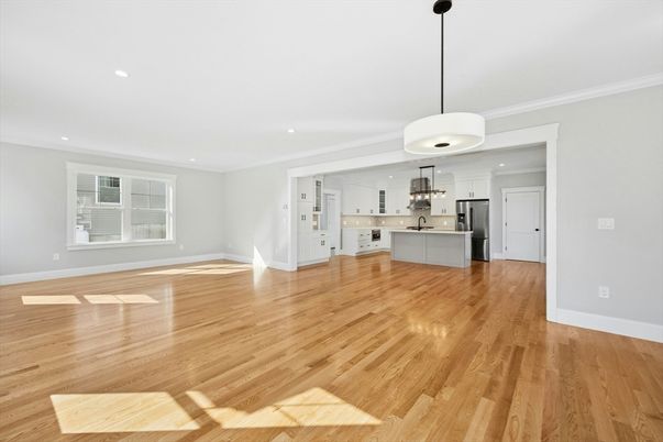 Empty room, Interior, Kitchen, Pendant Lights, Recessed Lighting, Stainless Steel Appliances, Wood Texture Flooring