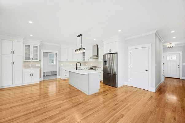 Interior, Kitchen, Pendant Lights, Recessed Lighting, Stainless Steel Appliances, Wood Texture Flooring