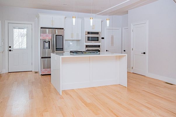 Interior, Kitchen, Pendant Lights, Stainless Steel Appliances, Wood Texture Flooring