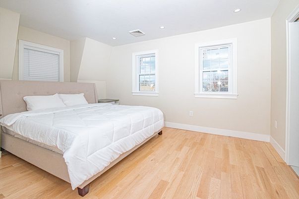 Bedroom, Interior, Recessed Lighting, Wood Texture Flooring