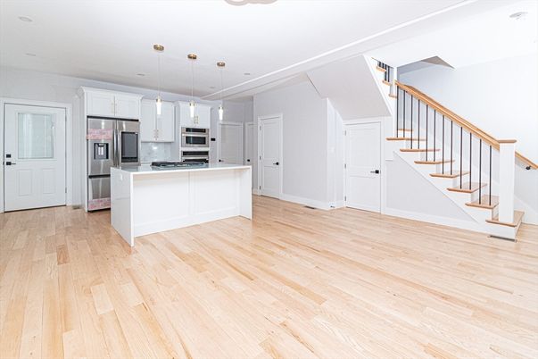 Interior, Kitchen, Pendant Lights, Recessed Lighting, Stainless Steel Appliances, Wood Texture Flooring