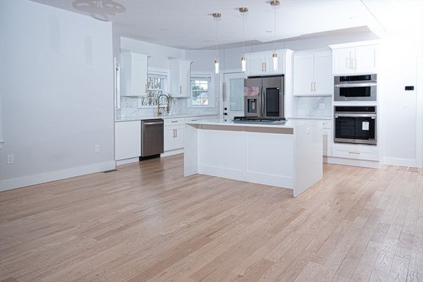 Interior, Kitchen, Pendant Lights, Stainless Steel Appliances, Wood Texture Flooring