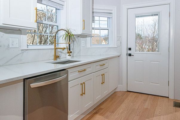 Interior, Kitchen, Marble Walls, Stainless Steel Appliances, Wood Texture Flooring