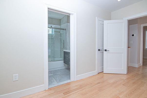 Bathroom, Glass Shower, Interior, Recessed Lighting, Wood Texture Flooring