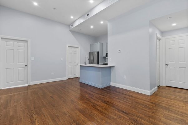 Empty room, Interior, Kitchen, Recessed Lighting, Wood Texture Flooring