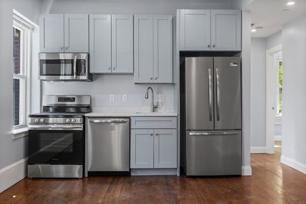 Interior, Kitchen, Recessed Lighting, Stainless Steel Appliances, Wood Texture Flooring