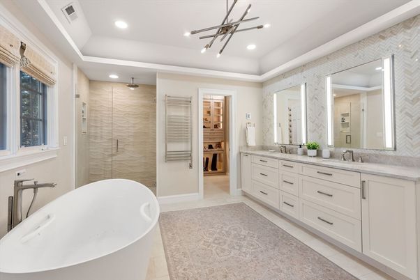 Bathroom, Dual Sink Vanities, Free Standing Baths, Glass Shower, Interior, Pendant Lights, Recessed Lighting
