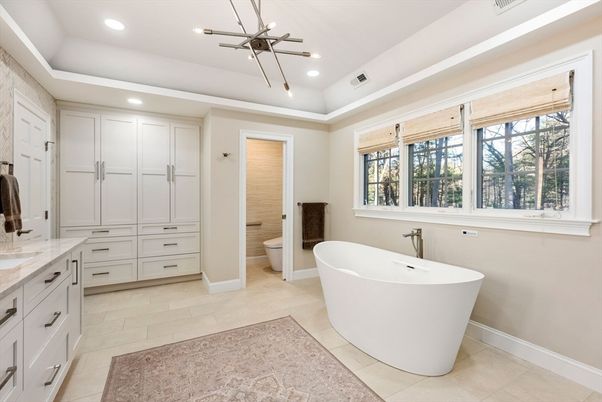 Bathroom, Dual Sink Vanities, Free Standing Baths, Interior, Pendant Lights, Recessed Lighting