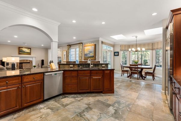 Dining room, Fireplace, Interior, Kitchen, Pendant Lights, Recessed Lighting, Stainless Steel Appliances