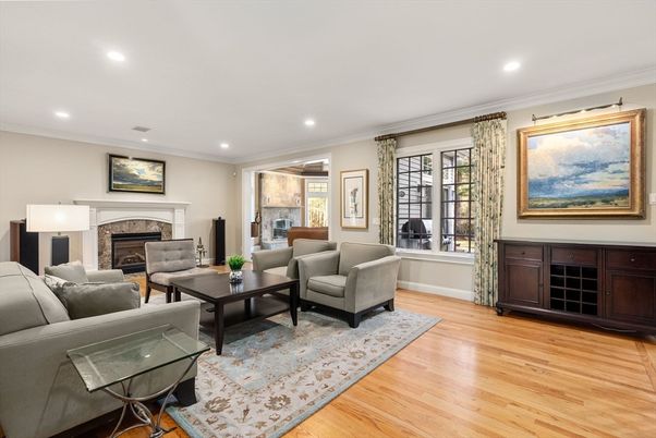 Fireplace, Interior, Living room, Recessed Lighting, Wood Texture Flooring