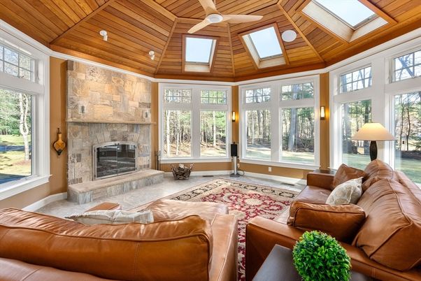 Fireplace, Interior, Living room, Recessed Lighting, Stone Walls, Sun Room, Wooden Ceilings