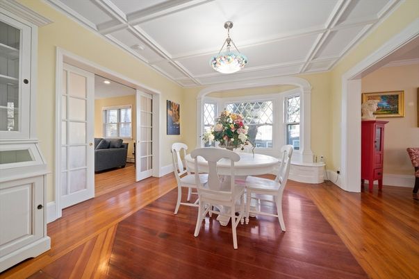 Dining room, Interior, Pendant Lights, Wood Texture Flooring