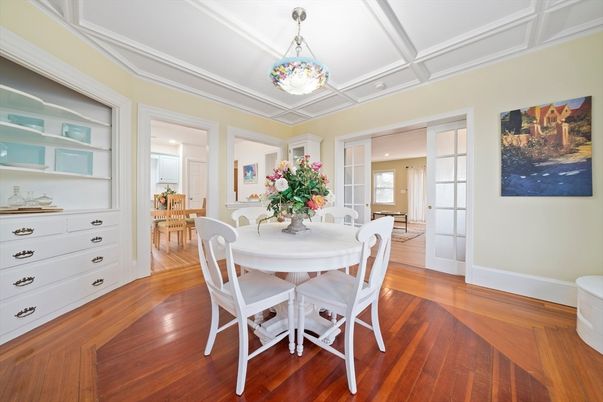 Dining room, Interior, Pendant Lights, Wood Texture Flooring