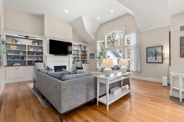 Fireplace, Interior, Living room, Recessed Lighting, Wood Texture Flooring