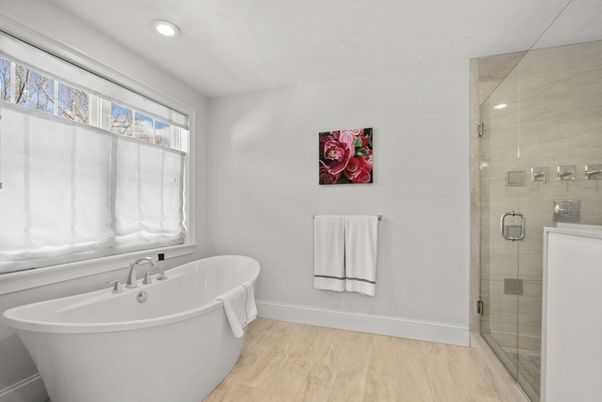 Bathroom, Free Standing Baths, Glass Shower, Interior, Recessed Lighting, Wood Texture Flooring