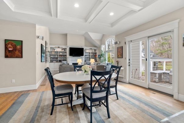 Dining room, Interior, Living room, Recessed Lighting, Wood Texture Flooring