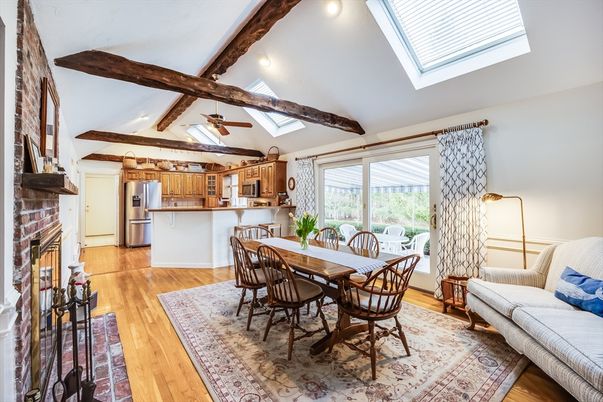 Dining room, Fireplace, Interior, Kitchen, Living room, Recessed Lighting, Stainless Steel Appliances, Wooden Beams, Wood Texture Flooring