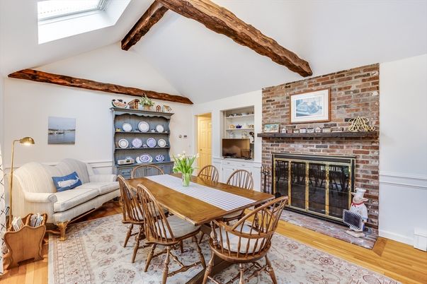Dining room, Fireplace, Interior, Stone Walls, Wooden Beams, Wood Texture Flooring