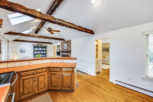 Interior, Kitchen, Recessed Lighting, Tile Countertops, Wooden Beams, Wood Texture Flooring