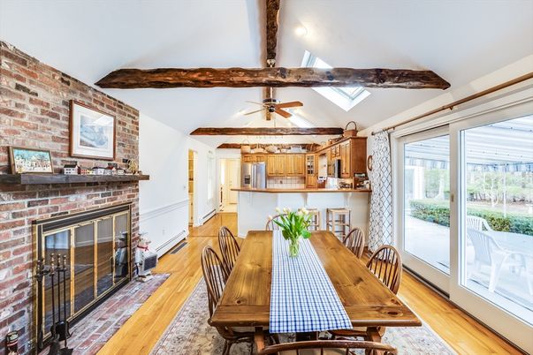 Dining room, Fireplace, Interior, Kitchen, Stone Walls, Wooden Beams, Wood Texture Flooring
