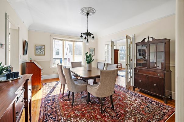 Dining room, Interior, Pendant Lights, Wood Texture Flooring