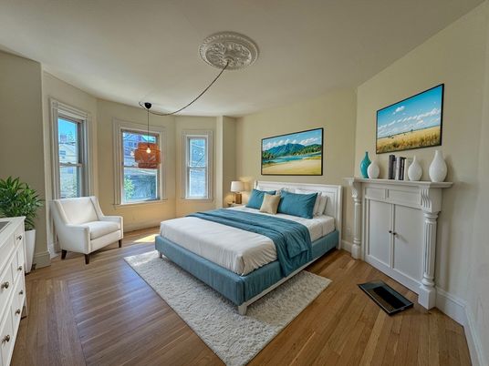 Bedroom, Interior, Pendant Lights, Wood Texture Flooring