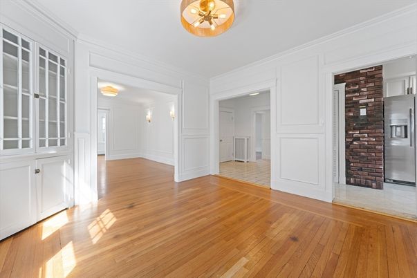 Empty room, Interior, Kitchen, Stainless Steel Appliances, Wood Texture Flooring