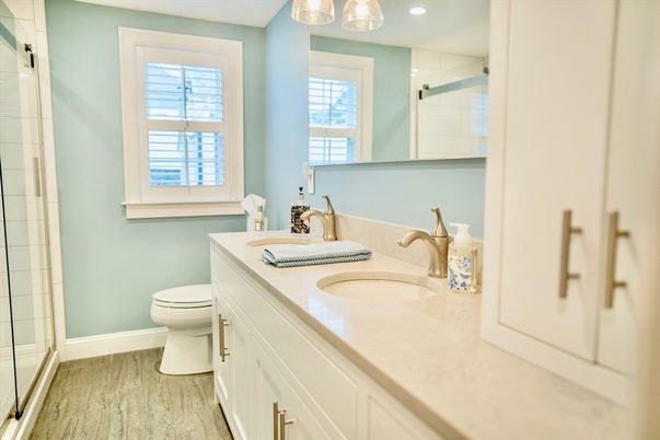 Bathroom, Glass Shower, Interior, Recessed Lighting, Wood Texture Flooring