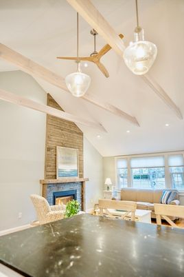 Fireplace, Interior, Living room, Pendant Lights, Recessed Lighting, Wooden Beams