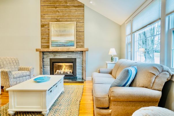 Fireplace, Interior, Living room, Recessed Lighting, Wood Texture Flooring, Wooden Walls