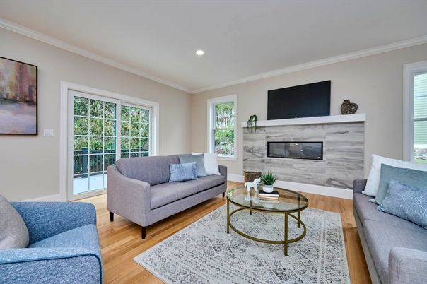 Fireplace, Interior, Living room, Recessed Lighting, Wood Texture Flooring