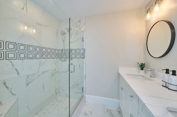 Bathroom, Dual Sink Vanities, Glass Shower, Interior, Marble, Marble Walls