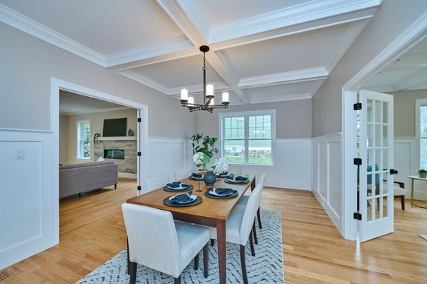 Chandelier, Dining room, Fireplace, Interior, Living room, Wood Texture Flooring