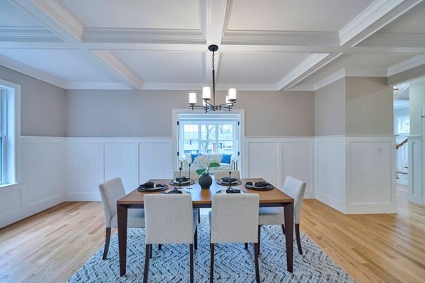 Chandelier, Dining room, Interior, Wood Texture Flooring