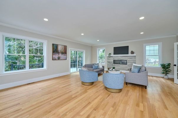 Fireplace, Interior, Living room, Recessed Lighting, Wood Texture Flooring