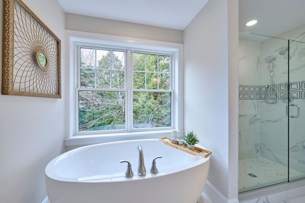 Bathroom, Free Standing Baths, Glass Shower, Interior, Marble, Marble Walls, Recessed Lighting